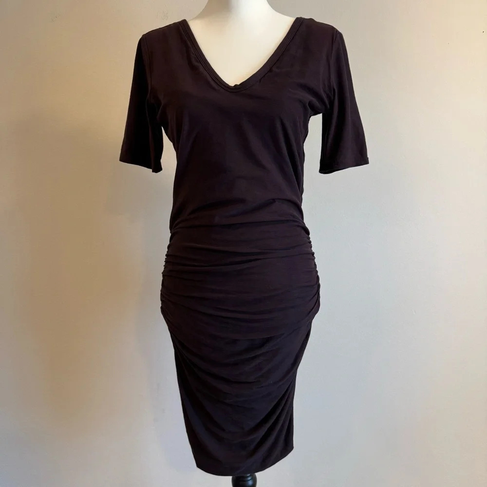 James Perse Chic Dress RuchedDress V-Neck Short Sleeve Office Sleeve L